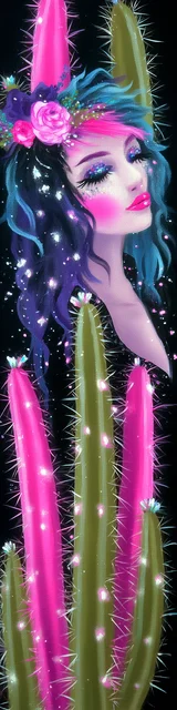 Free cactus bookmark featuring a blue hair lady with pink and green cactus